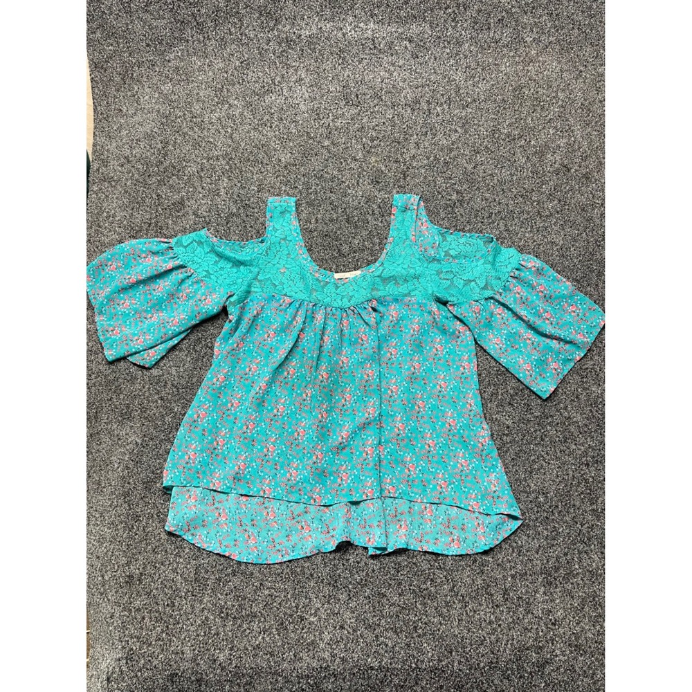 Wishful Park Teal Floral Cold Shoulder Lace Trim Blouse XL Women's Bell Sleeve
